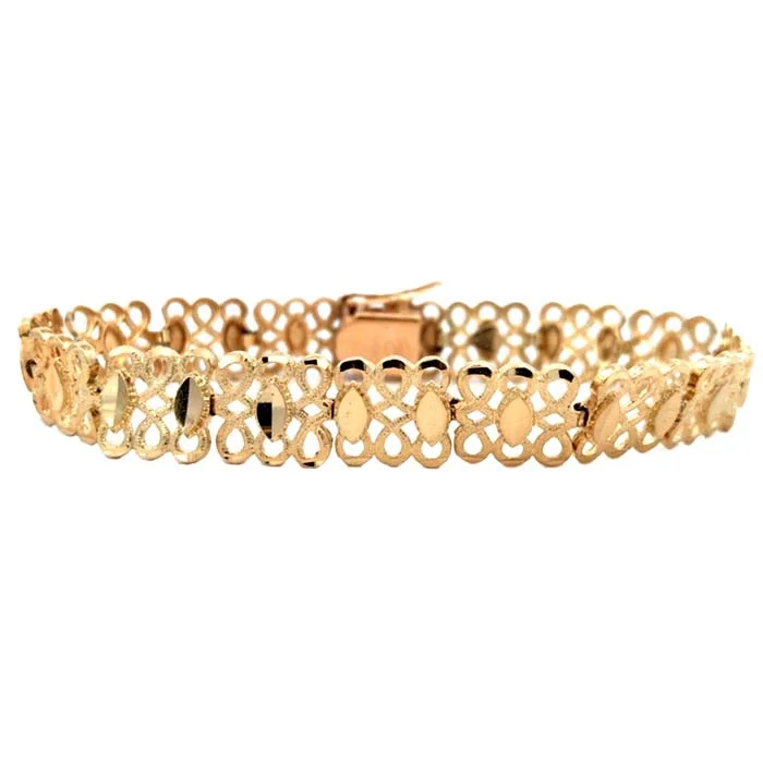 women's modern bracelet -Estate 6.5" Flat Diamond-Cut Filigree Infinity Link Bracelet in 14K Yellow Gold