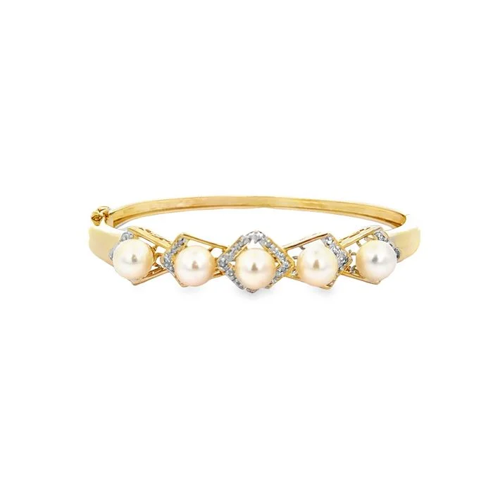 women's luxury bracelet -Estate Pearl and Diamond Oval Bangle Bracelet in 14K Yellow Gold