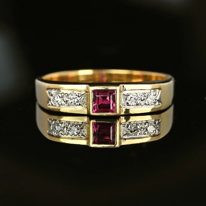 cushion cut engagement rings -Vintage 14K Gold Diamond Square Ruby Ring Band