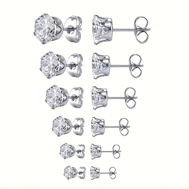 marquise engagement rings -6 Pairs Simple Style Shiny Round Inlay Stainless Steel Diamond Ear Studs