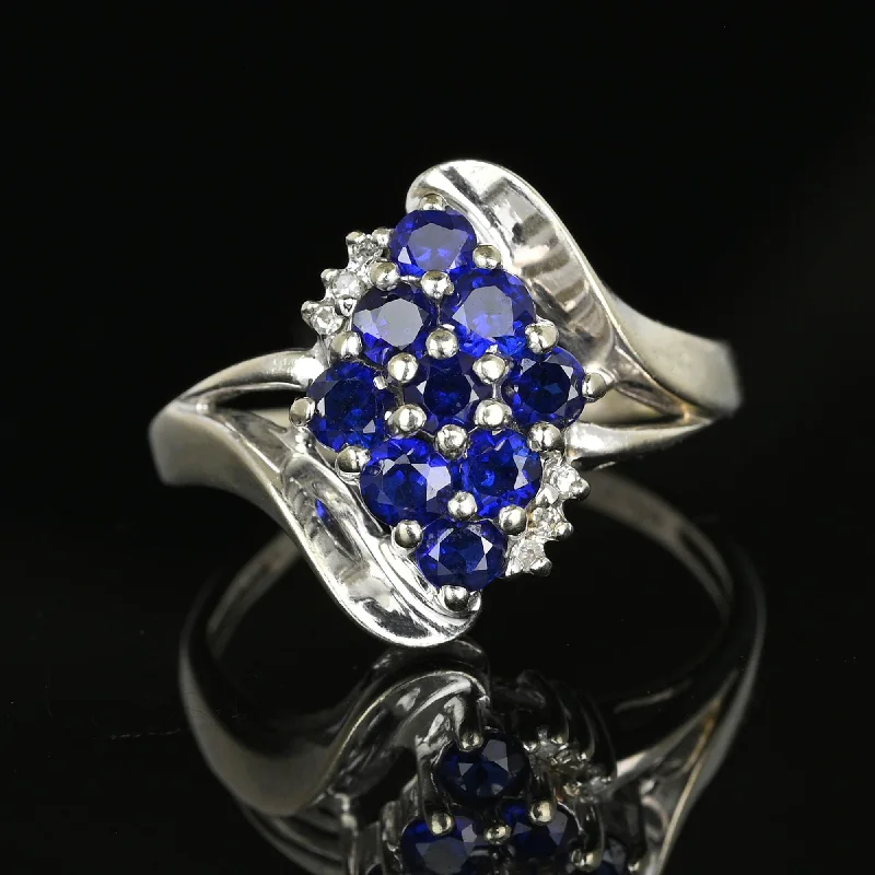 simple engagement rings -Vintage Diamond Accent Blue Sapphire Cluster Ring