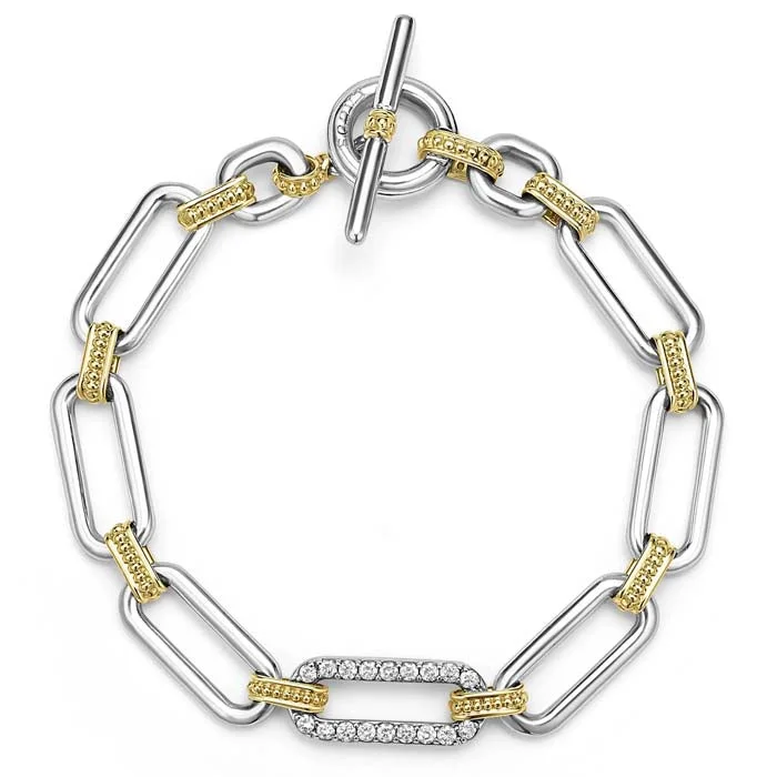 women's pearl bracelet -LAGOS Diamond Station Link Bracelet in 18K Yellow Gold and Sterling Silver