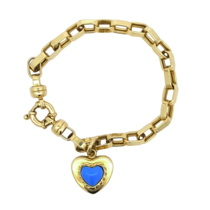 women's open bangle -Estate Trace Link Bracelet with Turqouise Heart Charm in 14K Yellow Gold