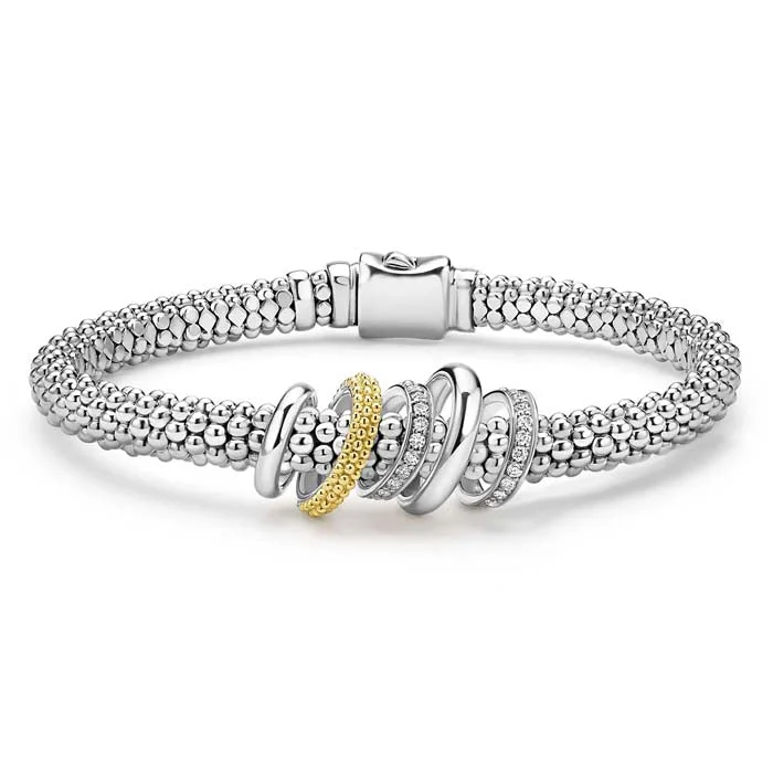 women's moonstone bracelet -Lagos 6MM Two-Tone Five Ring Diamond Caviar Bracelet in Sterling Silver and 18K Yellow Gold