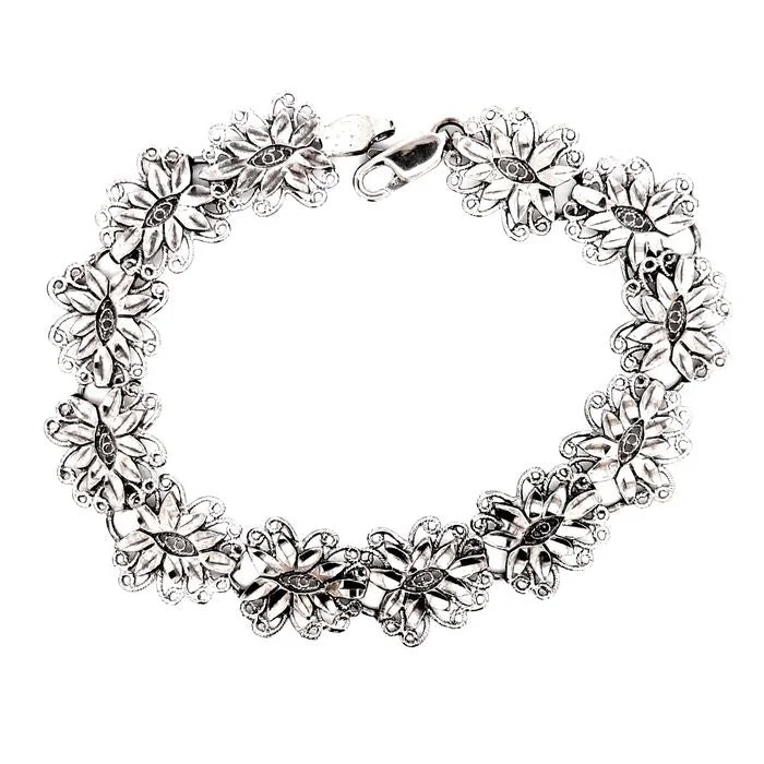 women's animal-inspired bracelet -Estate Diamond-Cut Filigree Flower Bracelet in Sterling Silver