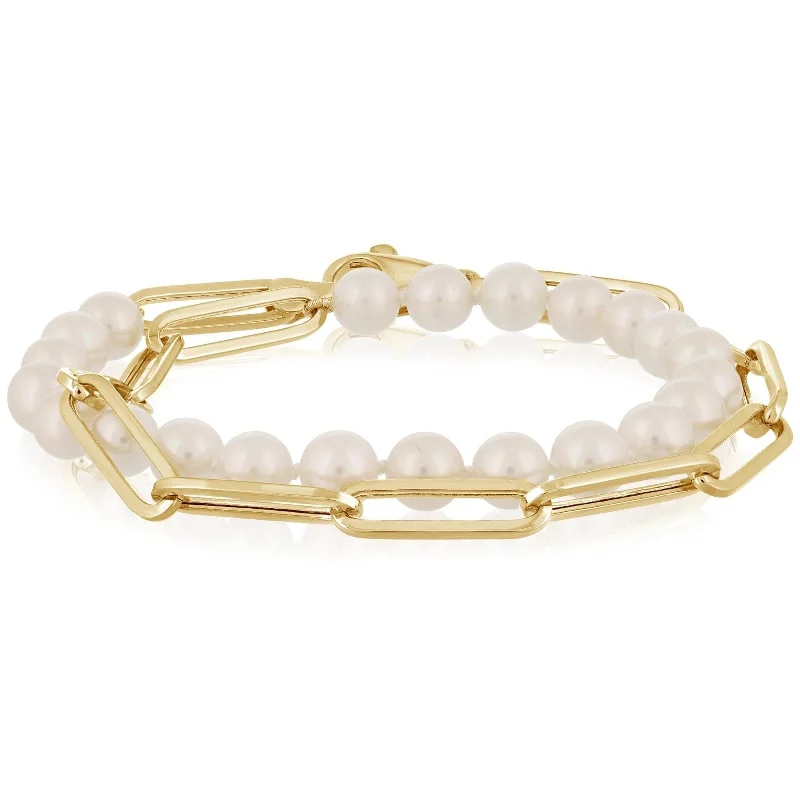 women's gold bangle -Pearl & Gold Double Wrap Paperclip Chain Bracelet