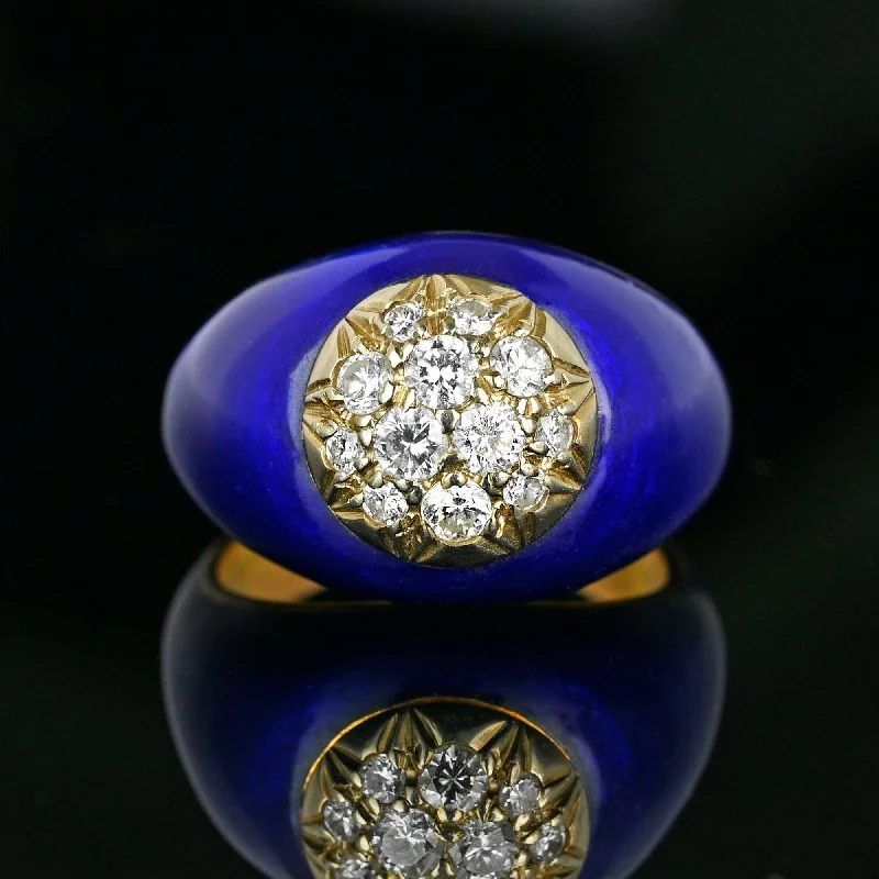 diamond band engagement rings -Vintage 14K Gold Cobalt Blue Enamel Diamond Dome Ring