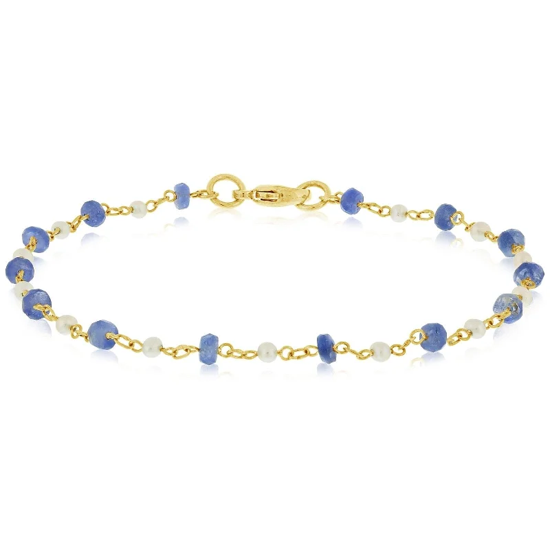 women's friendship bracelet -Blue Sapphire & White Pearl Station Bead Bracelet