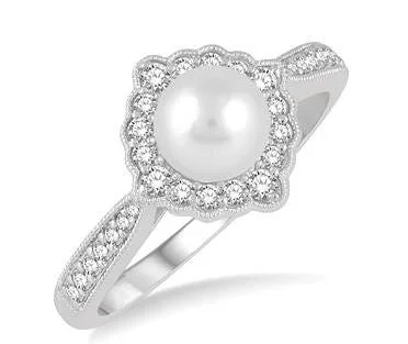 white gold engagement rings -DIAMOND HALO PEARL RING