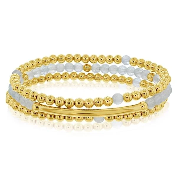 women's open bangle -Aquamarine & Gold Bead Bracelet Stack