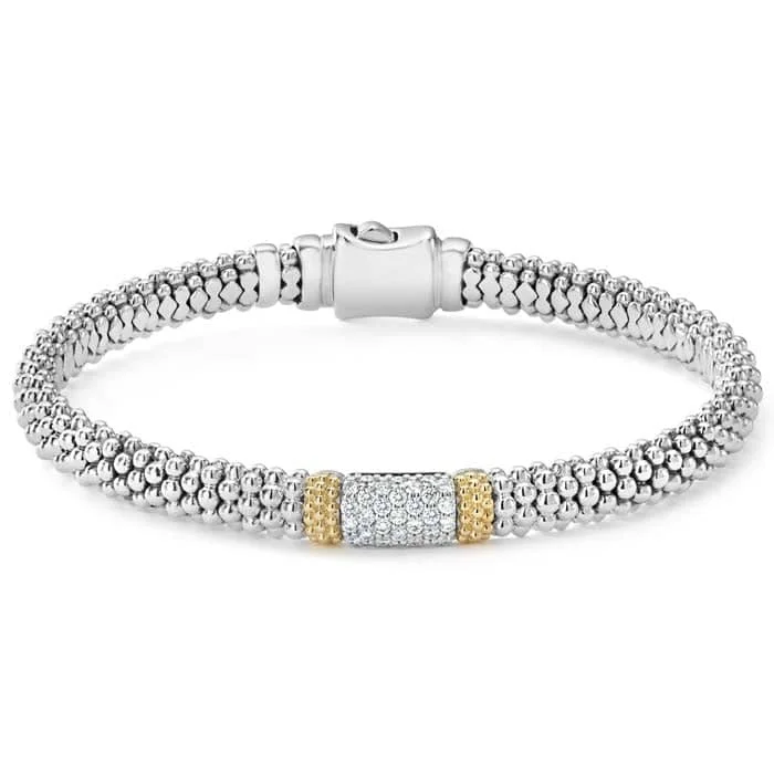 women's plain bangle -LAGOS .35tw Caviar Lux 6mm Beaded Bracelet with Pave Diamond Station in Sterling Silver and 18kt Yellow Gold Size M