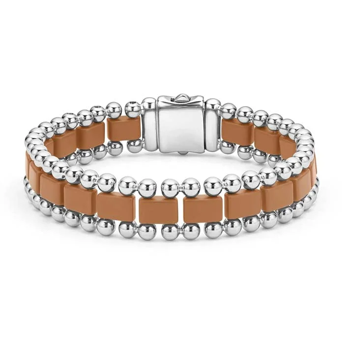 women's large cuff bracelet -LAGOS Anthem Matte Tan Ceramic Link Bracelet in Stainless Steel