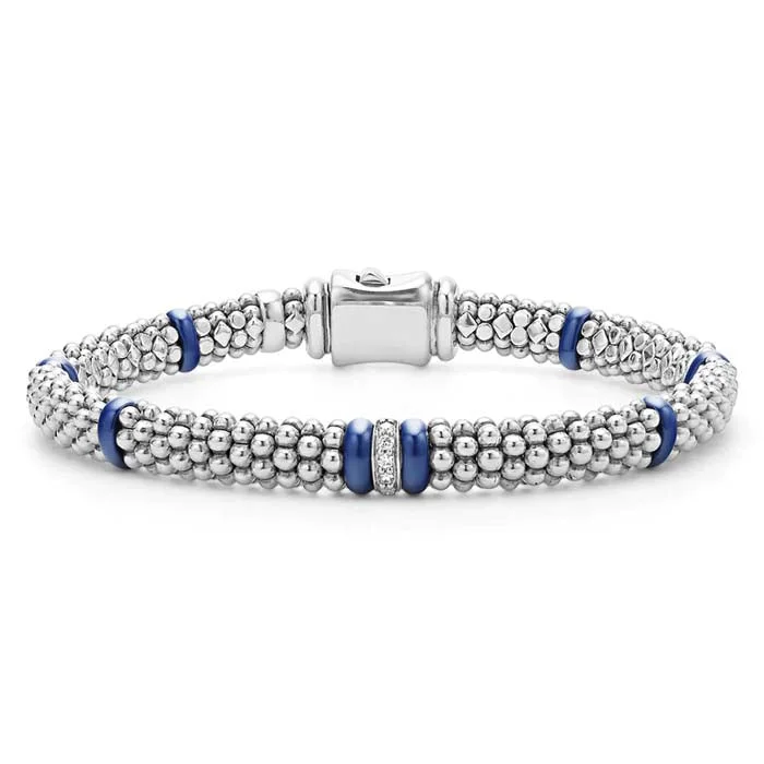 women's adjustable bangle -LAGOS Ultramarine Blue Ceramic Single Station Diamond Caviar Bracelet in Sterling Silver