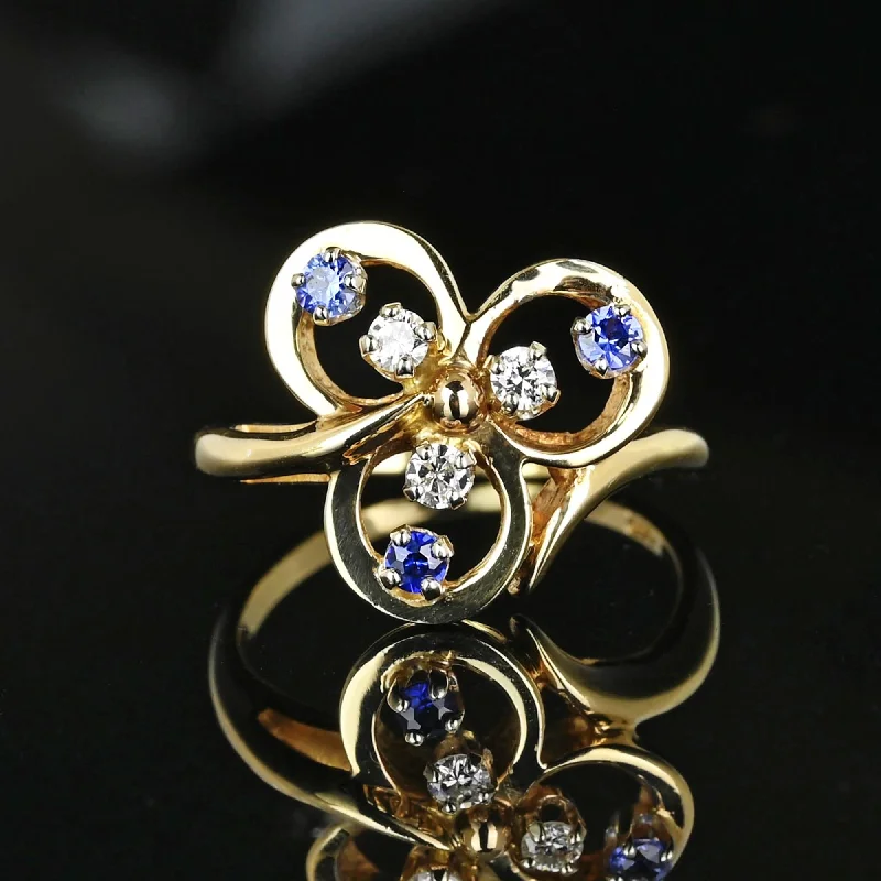 emerald engagement rings with diamonds -Vintage 14K Gold Diamond Sapphire Three Leaf Clover Ring