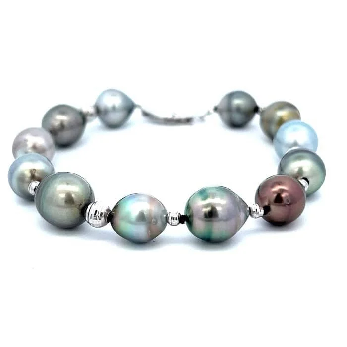 women's tennis bracelet -Mountz Collection 7"  8-10mm Tahitian Pearl Bracelet in 14K White Gold