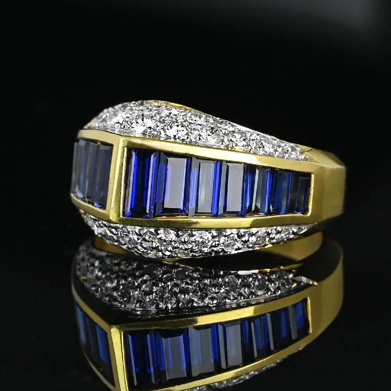 asscher cut engagement rings -18K Gold Diamond Cluster Baguette Sapphire Ring