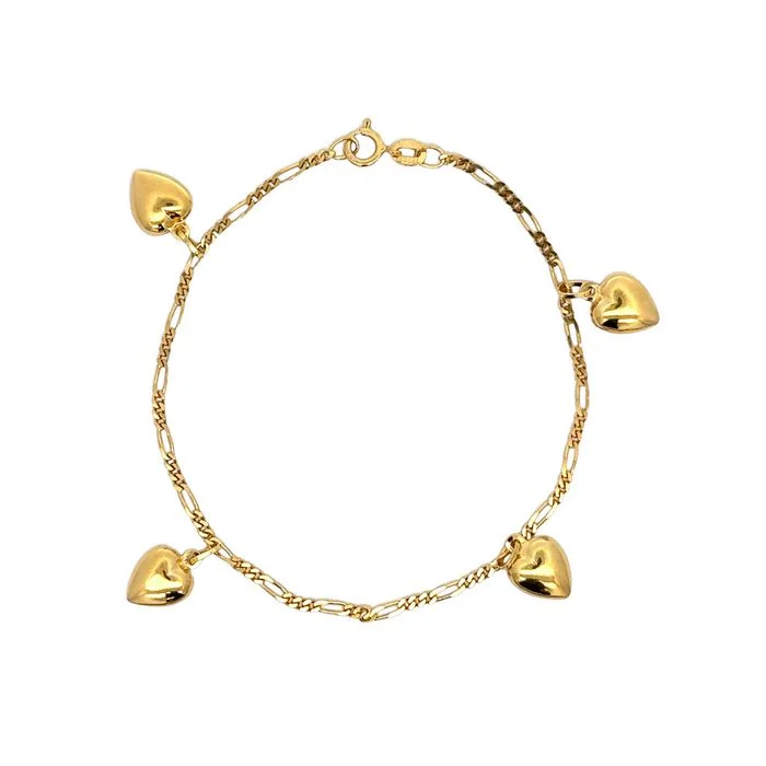 women's beaded bracelet -Estate Dangling Hearts Figaro Link Bracelet in 14K Yellow Gold