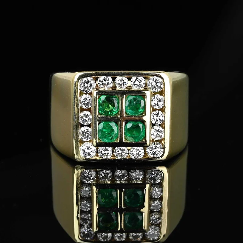 classic engagement rings -Exquisite Emerald Diamond Halo Cluster Signet Ring in 14K Gold