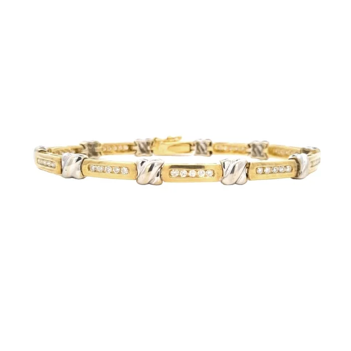 women's heart-shaped bracelet -Estate Two-Tone Diamond Bar "X" Bracelet in 14K Yellow and White Gold