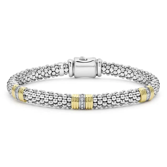 women's thick bracelet -LAGOS Triple Diamond Station Caviar Bracelet in 18K Yellow Gold and Sterling Silver, 6MM