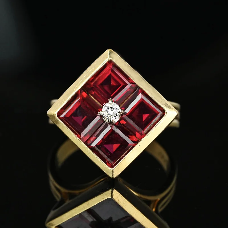 ruby engagement rings -Vintage 14K Gold Diamond Solitaire Emerald Cut Ruby Ring